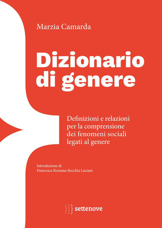 Cover libro "Dizionario di genere" con titotolo, sinossi e autrice scritti a lettere bianche su fondo rosso.