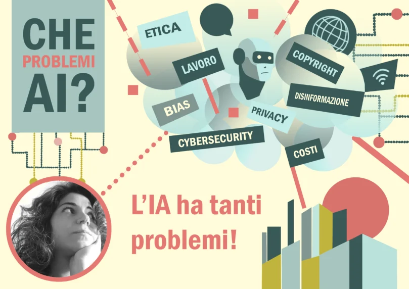 Illustrazione grafica con l'autrice della rubrica che, pensierosa, osserva in alto una nuvola con simboli, robot e cartelli che descrivono i possibili problemi generati dall'intelligenza artificiale